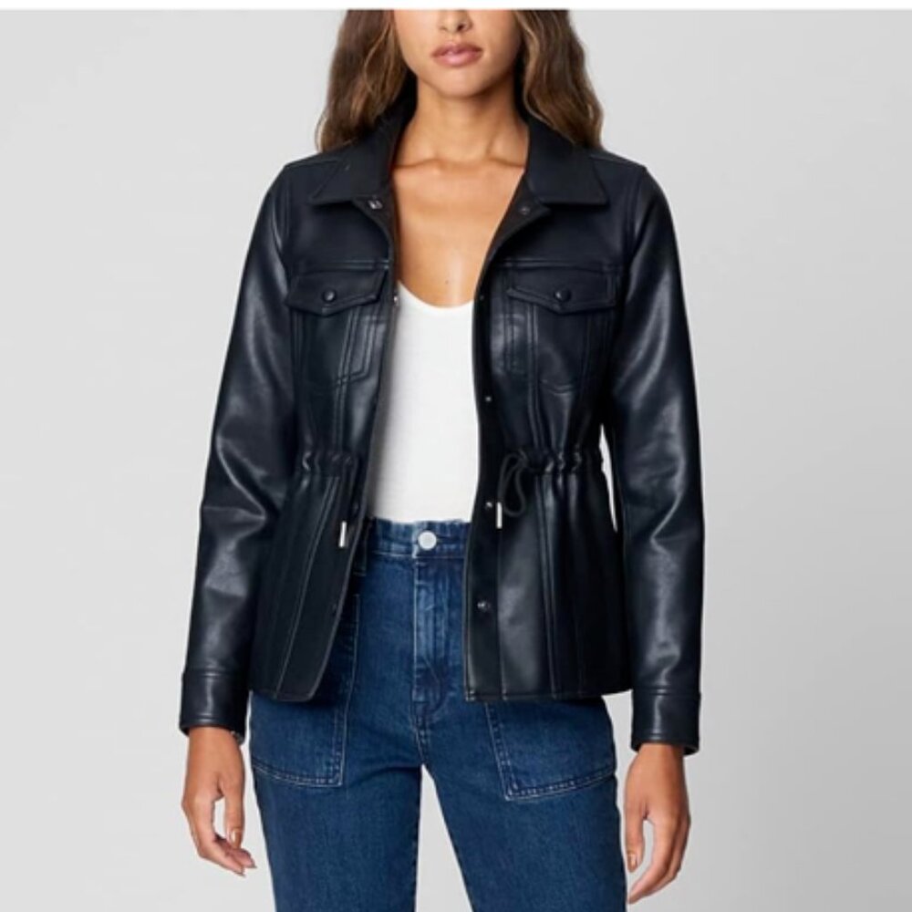 [BLANKNYC] Black Vegan Leather Jacket Drawcord Belted Detail & Pockets Small